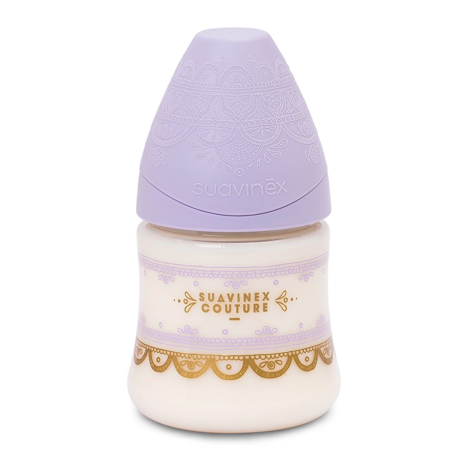 Mamadera Premium Couture Lila de 150ml con Tetina Redonda de Silicona Flujo Lento +0 meses