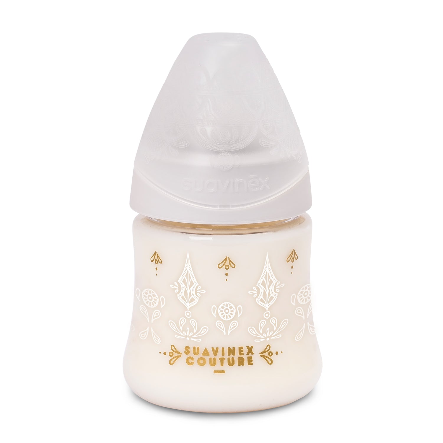 Mamadera Premium Couture Blanco de 150ml con Tetina Redonda de Silicona Flujo Lento +0 meses