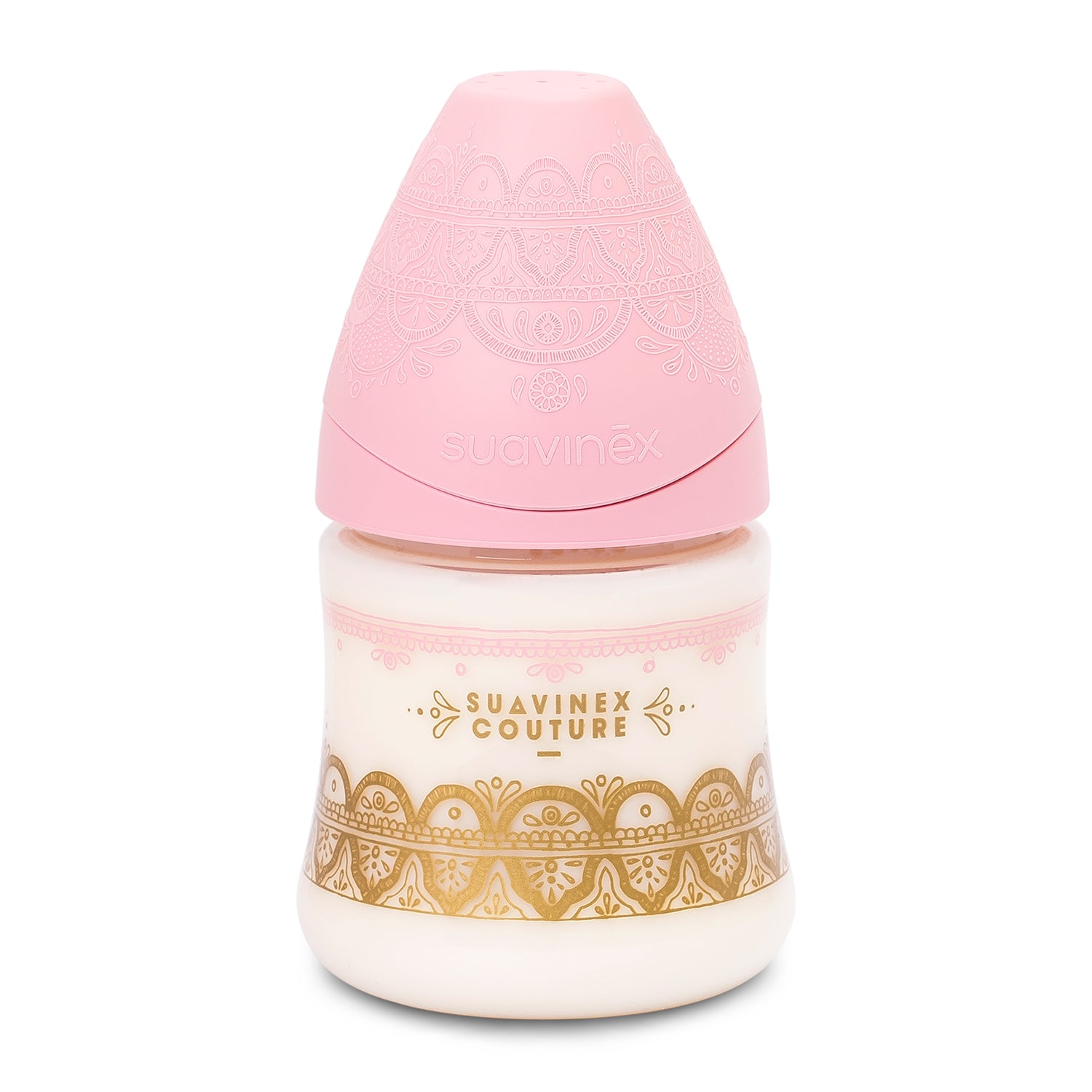 Mamadera Premium Couture Rosa de 150ml con Tetina Redonda de Silicona Flujo Lento +0 meses