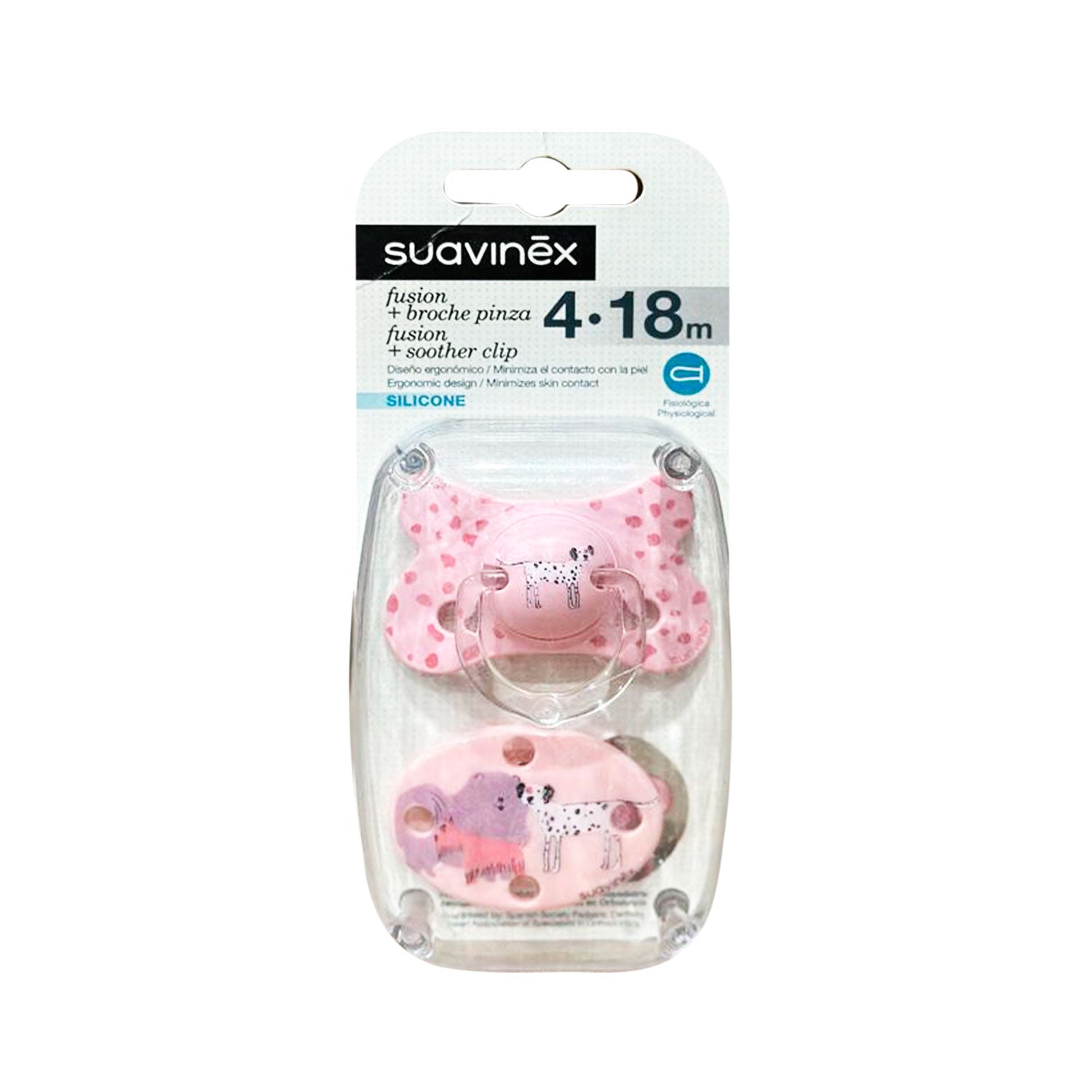 Pack Chupete Fusión Fisiológico de Silicona + Broche Rosa Perro 4/18 meses