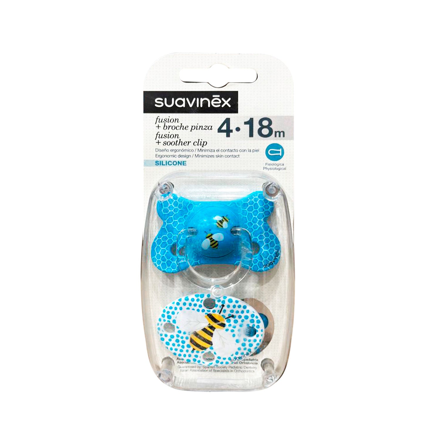 Pack Chupete Fusión Fisiológico de Silicona + Broche Azul Abeja 4/18 meses