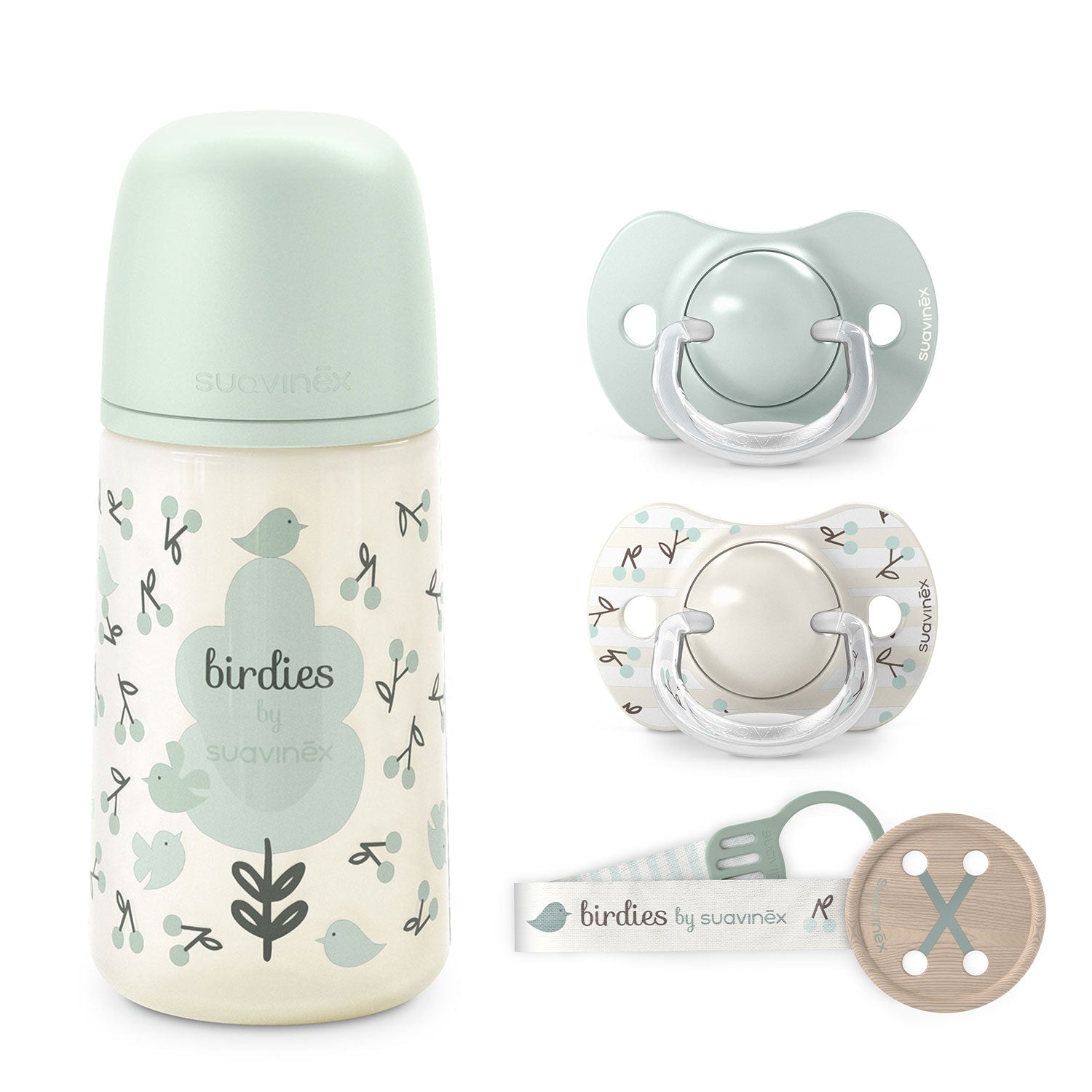 Pack Chupetes + Mamadera 270ml + Broche Birdies Verde 0/6 meses