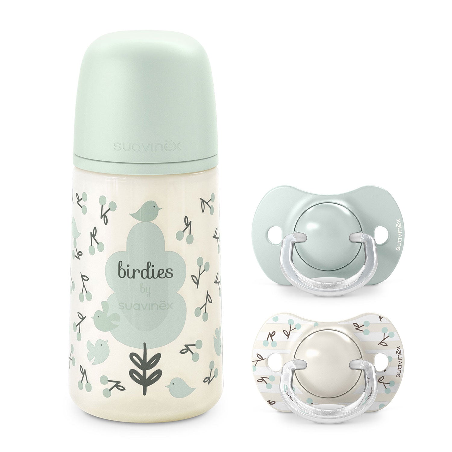 Pack Chupetes + Mamadera 270ml Birdies Verde 0/6 meses