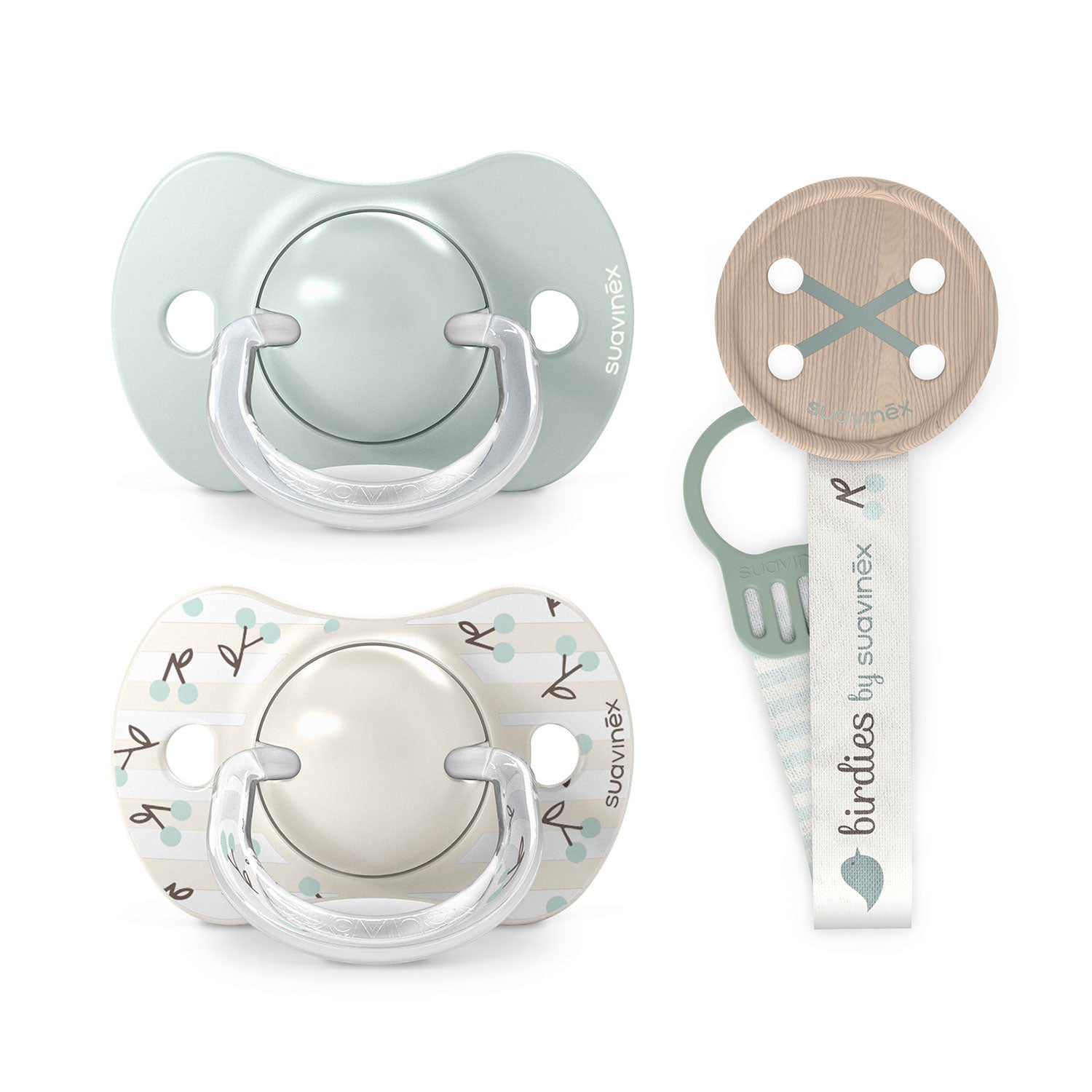 Pack Chupetes + Broche Birdies Verde 0/6 meses
