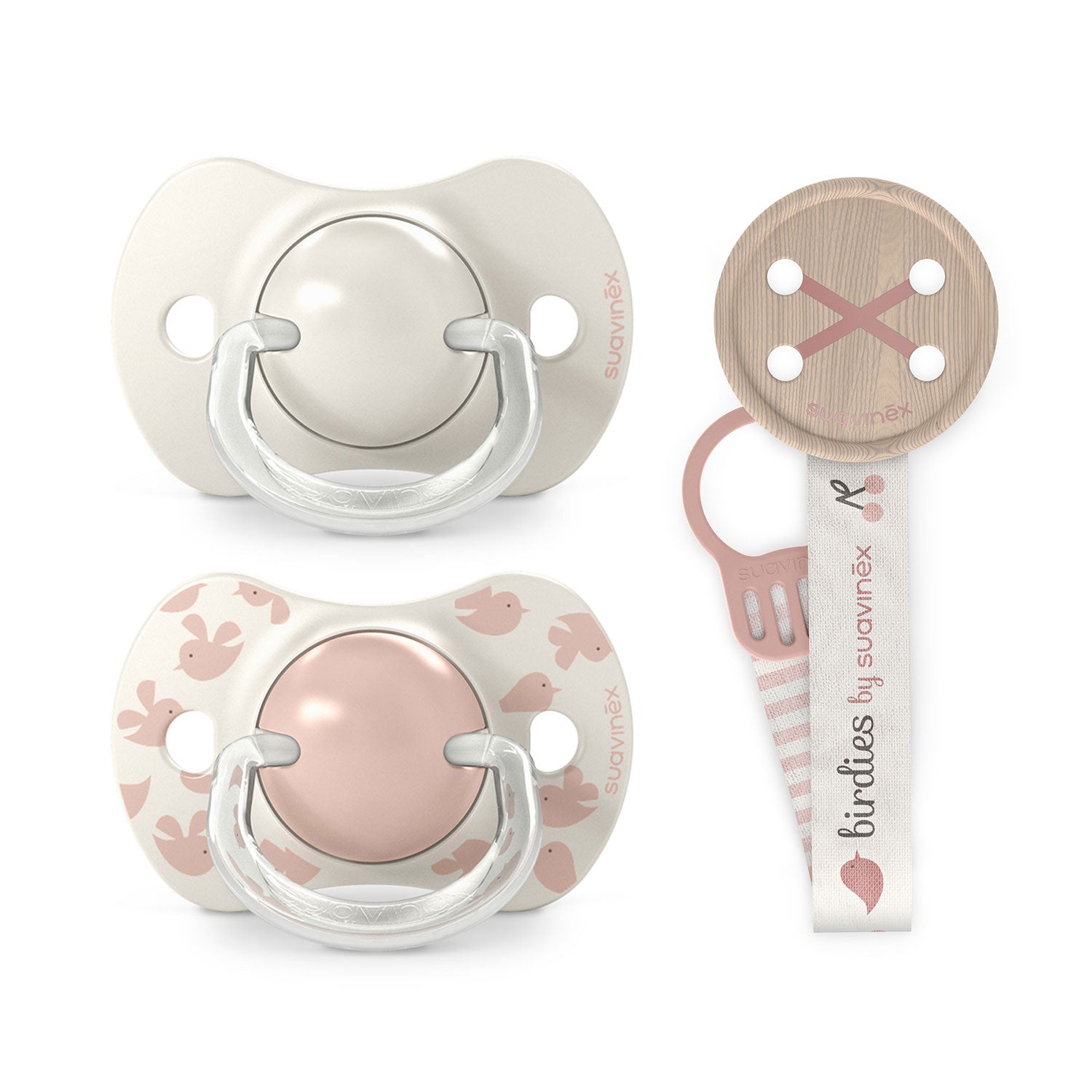 Pack Chupetes + Broche Birdies Rosa 6/18 meses