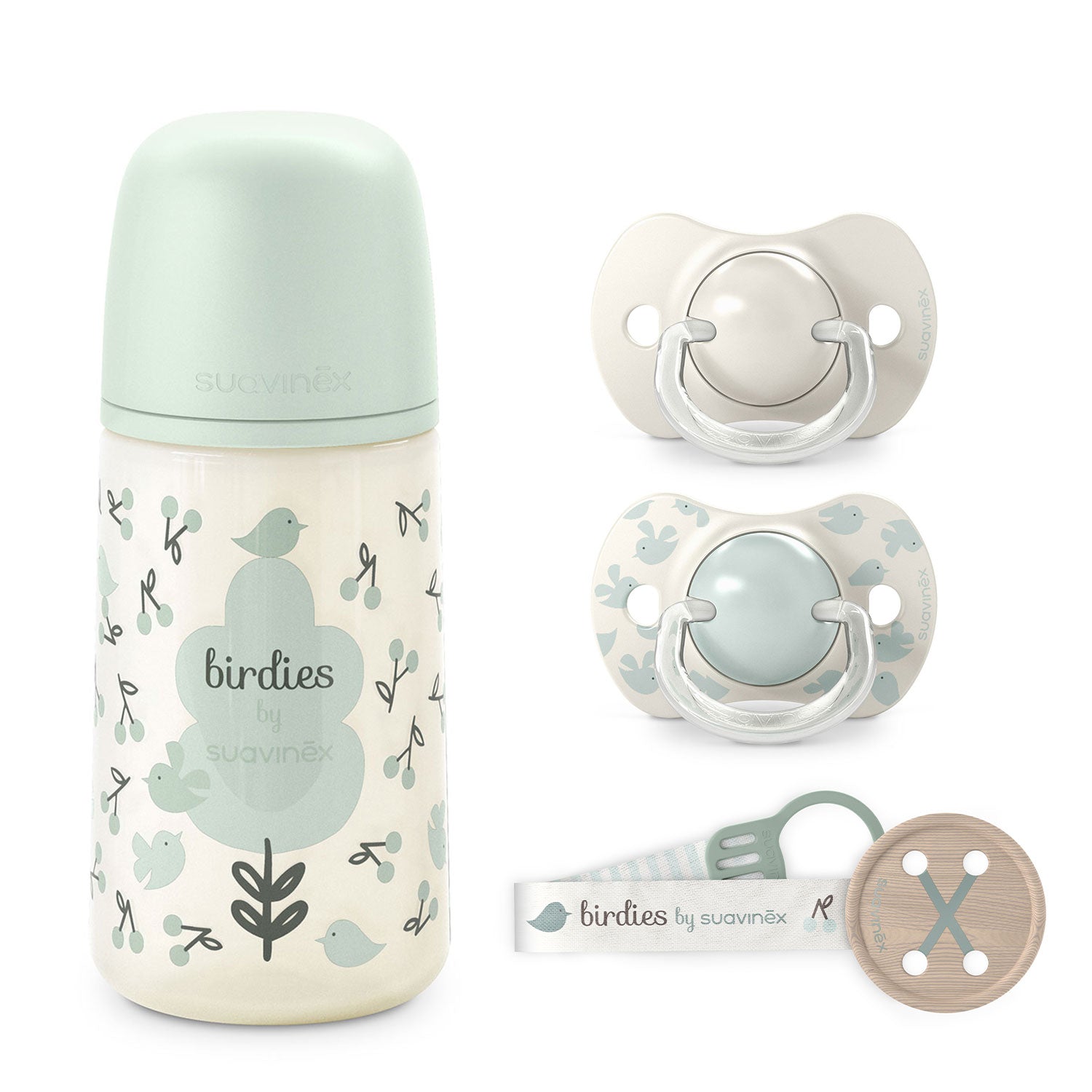 Pack Chupetes + Mamadera 270ml + Broche Birdies Verde 6/18 meses