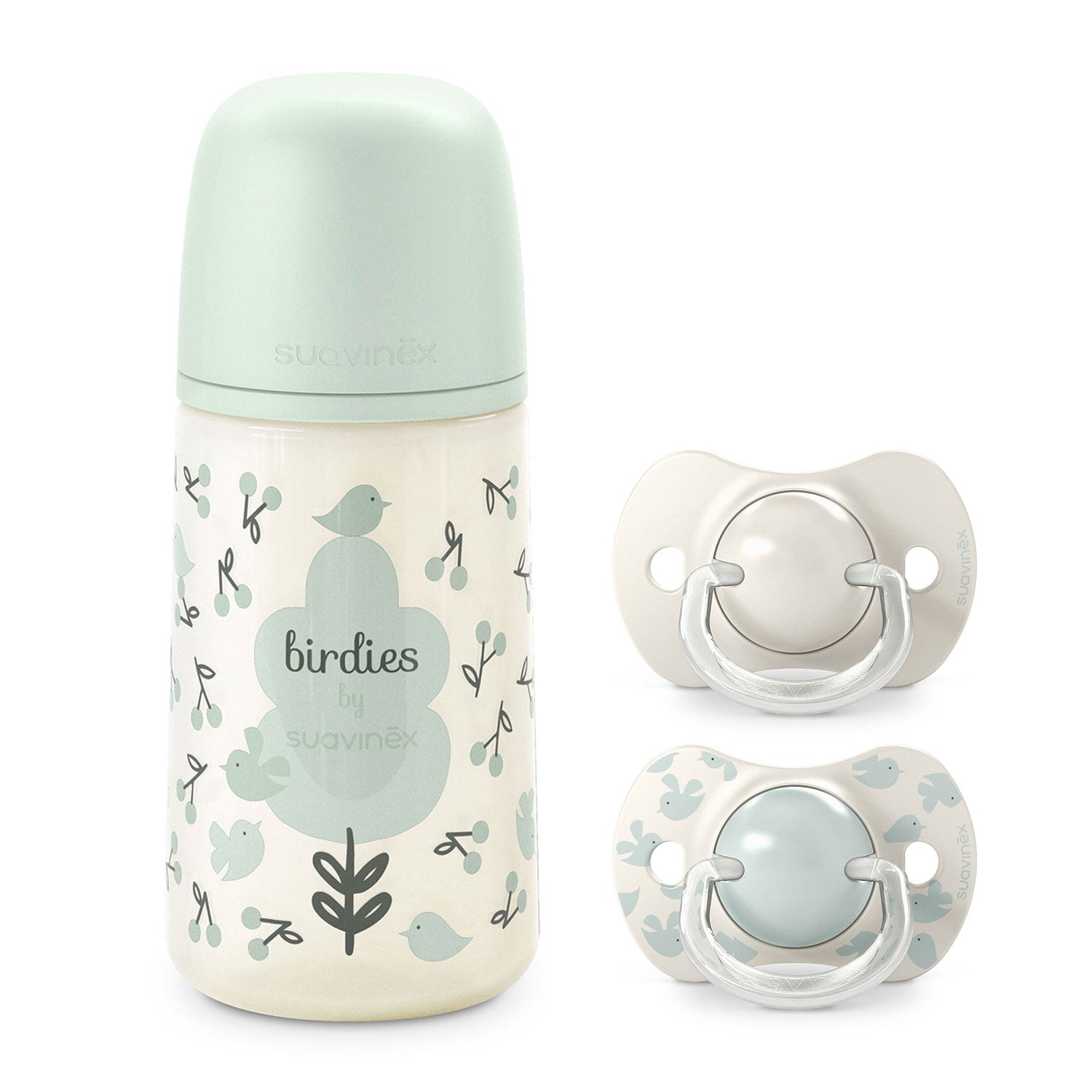 Pack Chupetes + Mamadera 270ml Birdies Verde 6/18 meses