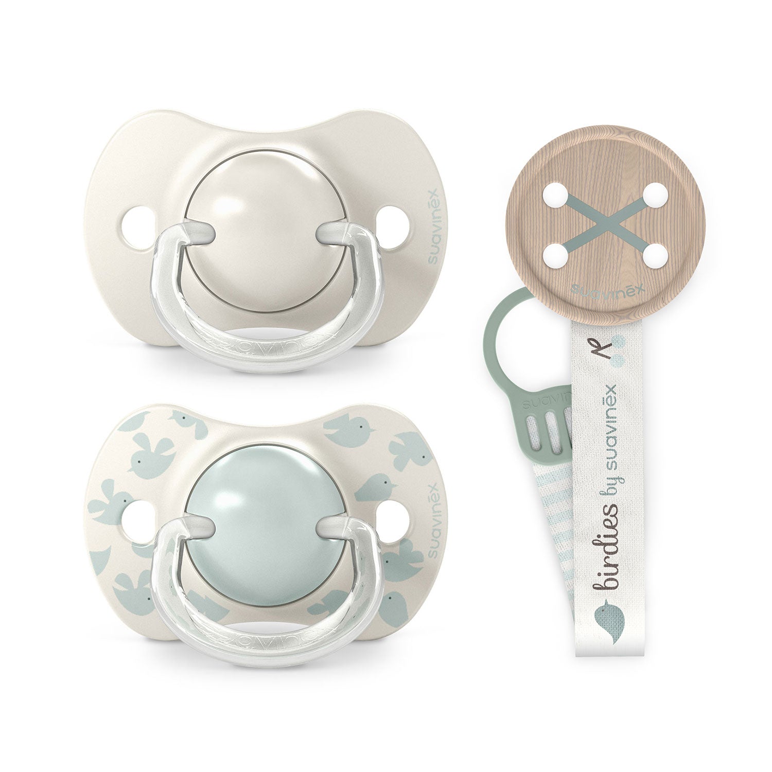 Pack Chupetes + Broche Birdies Verde 6/18 meses