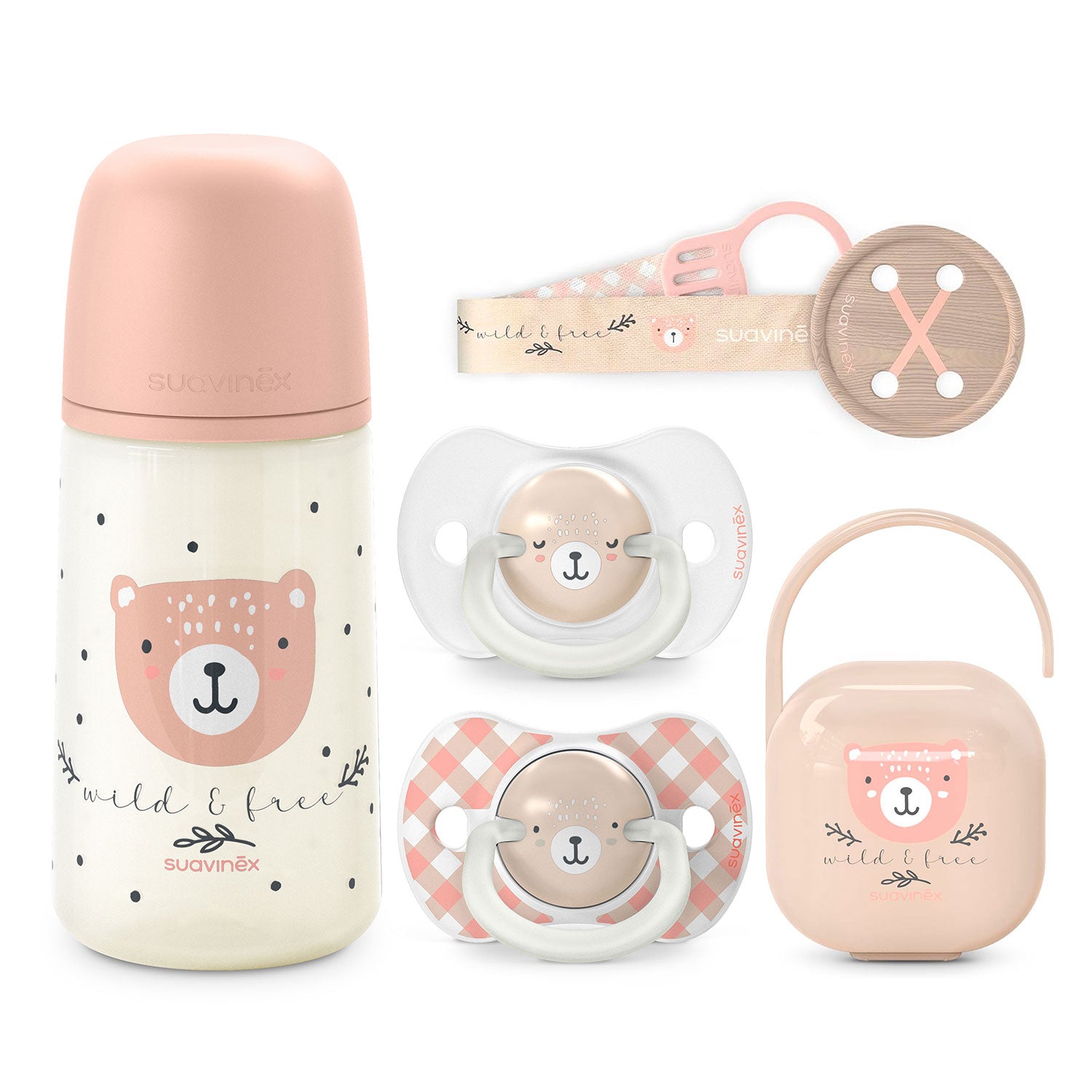 Pack Chupetes Night & Day + Mamadera 270ml + Broche + Porta Chupetes Wild Rosa 0/6 meses