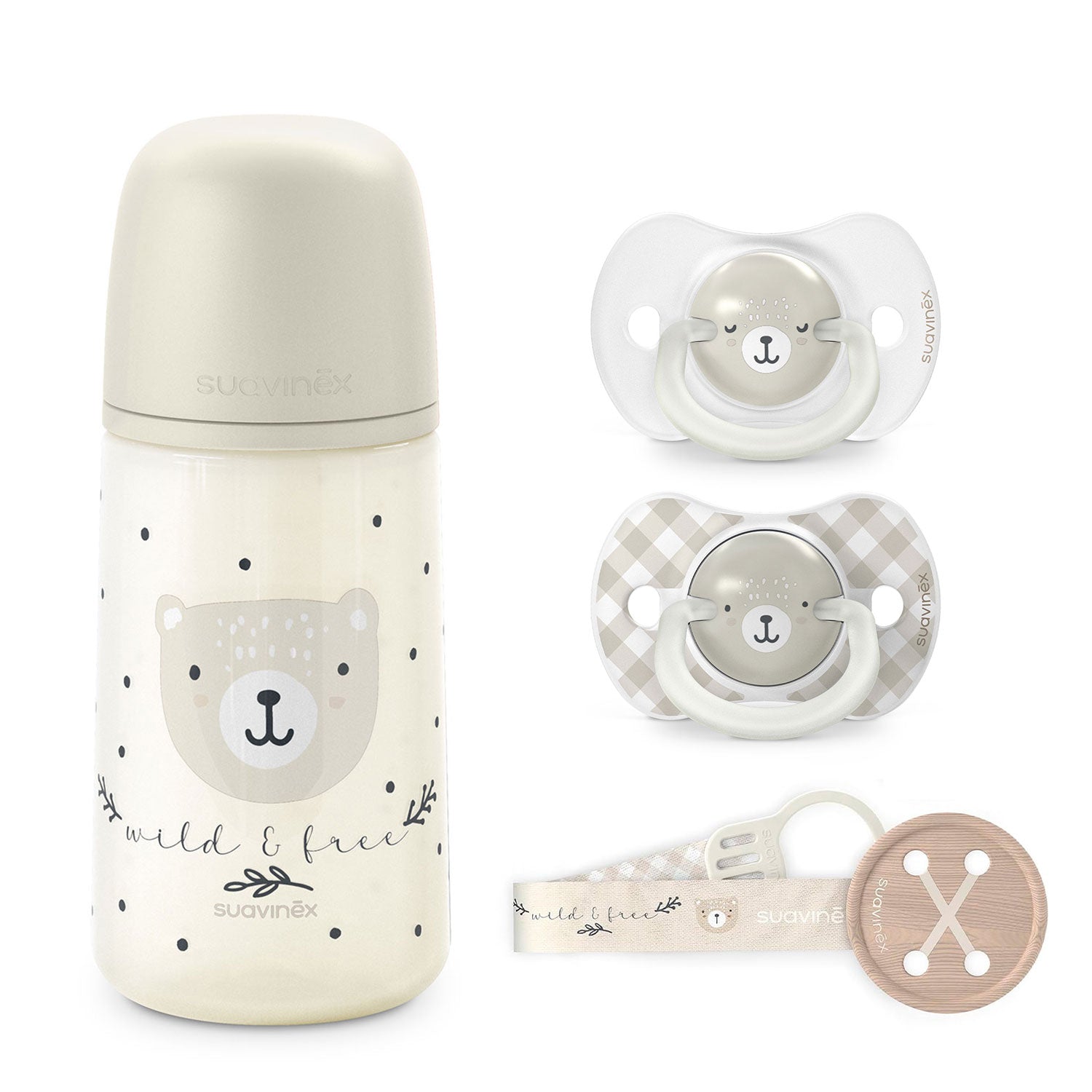 Pack Chupetes Night & Day + Mamadera 270ml + Broche Wild Gris 6/18 meses