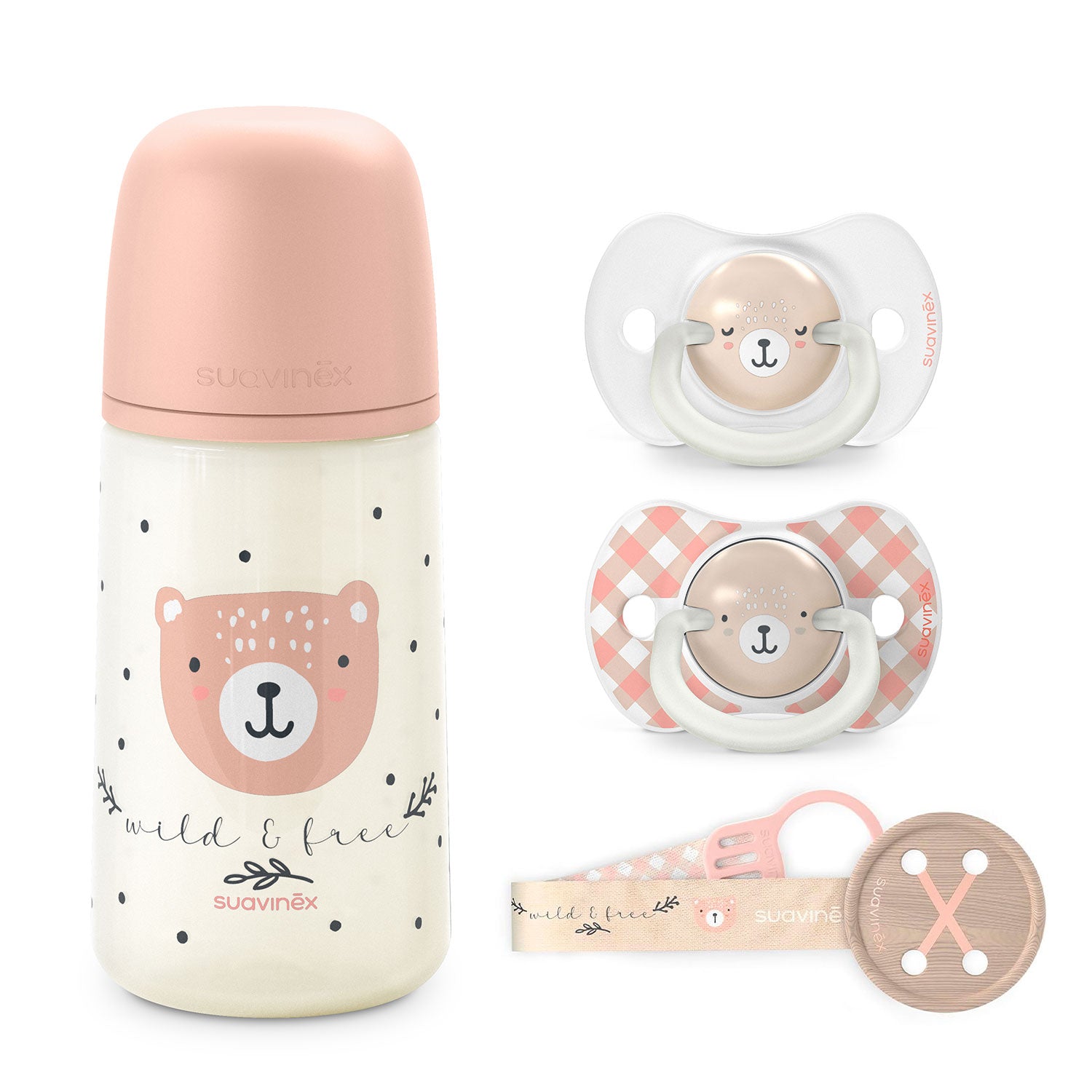 Pack Chupetes Night & Day + Mamadera 270ml + Broche Wild Rosa 6/18 meses