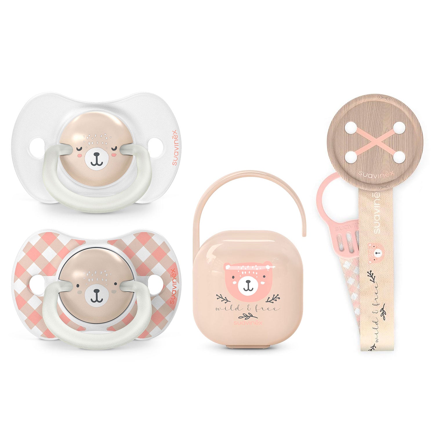 Pack Chupetes Night & Day + Broche + Porta Chupetes Wild Rosa 6/18 meses
