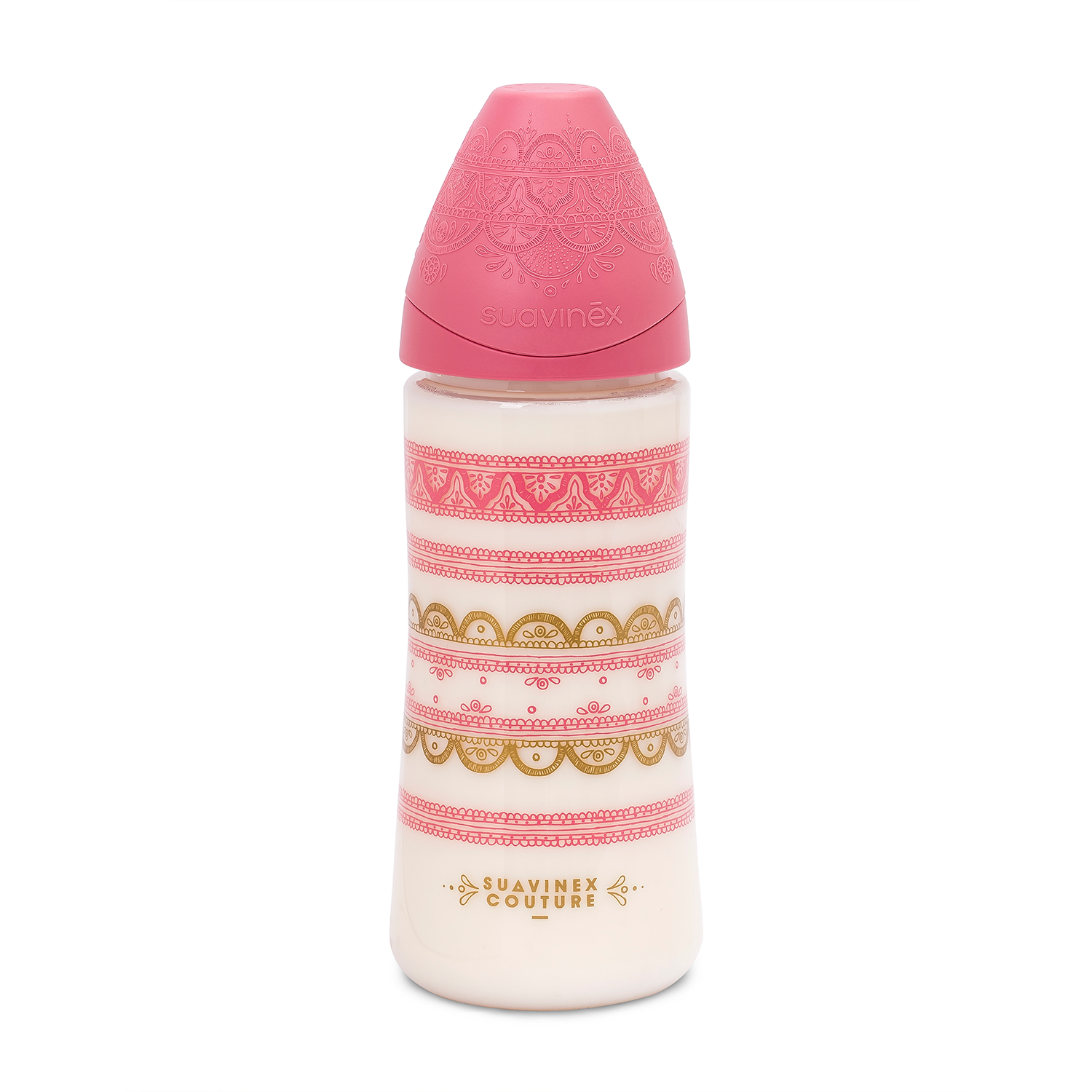 Mamadera Premium Couture Rosa de 360ml con Tetina Redonda de Silicona Flujo Denso +4 meses