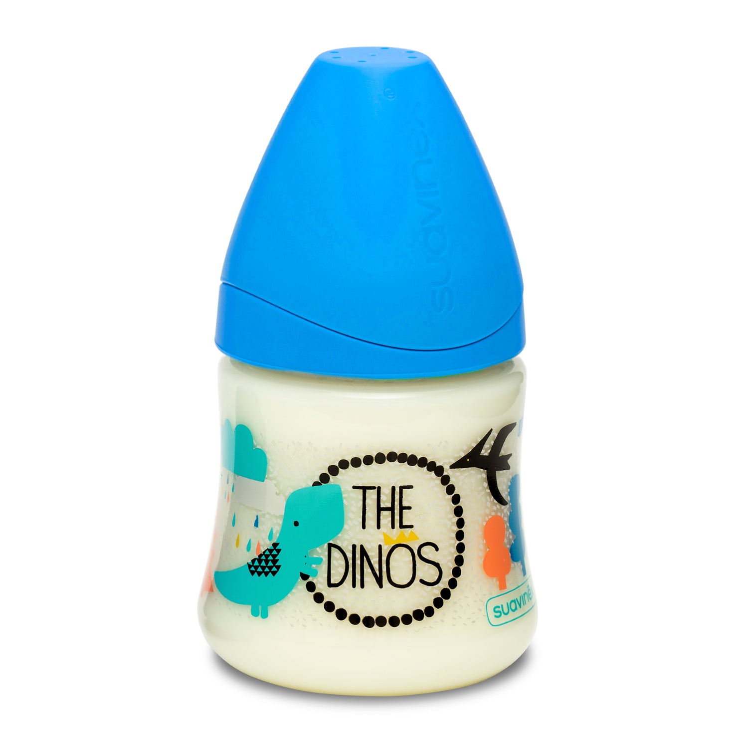 Mamadera Dinosaurio Azul de 150ml con Tetina Redonda de Latex Flujo Variable +0 meses