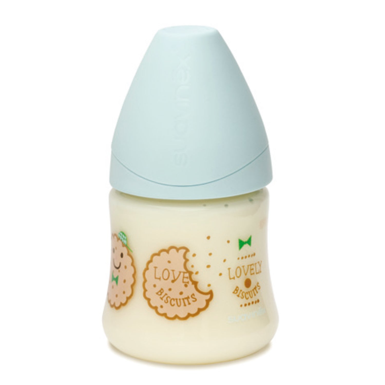 Mamadera Galleta Celeste de 150ml con Tetina Anatómica de Látex Flujo Medio 0/6 meses