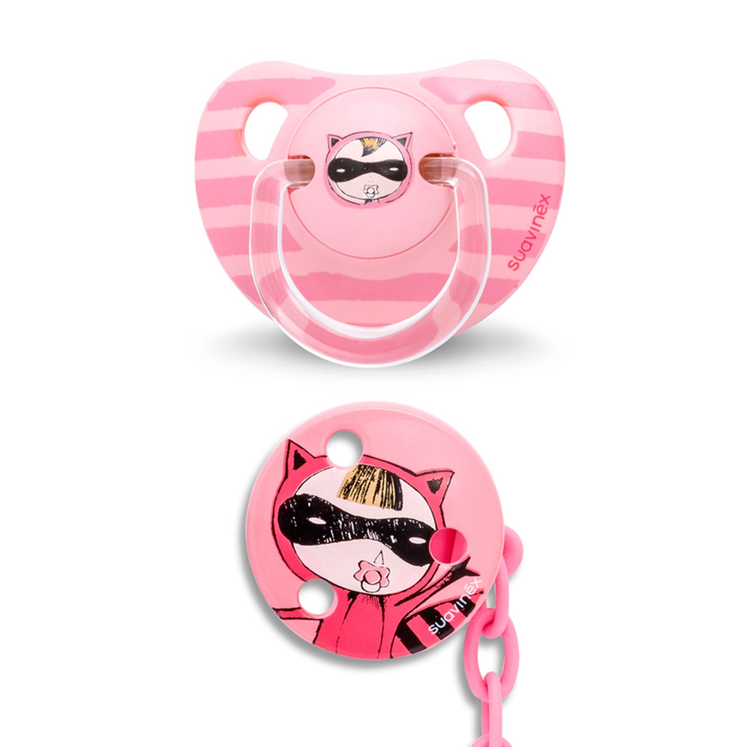 Pack Chupete Anatomico de Latex + Broche Rosa Mapache 6/18 meses