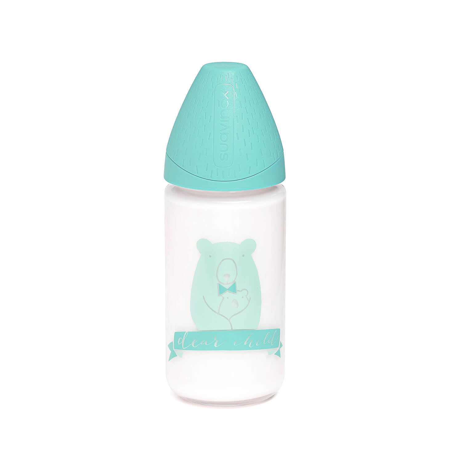 Mamadera de Vidrio + Funda de Silicona Meaningful Celeste de 240ml con Tetina Redonda de Silicona Flujo Variable +0 - OUTLET