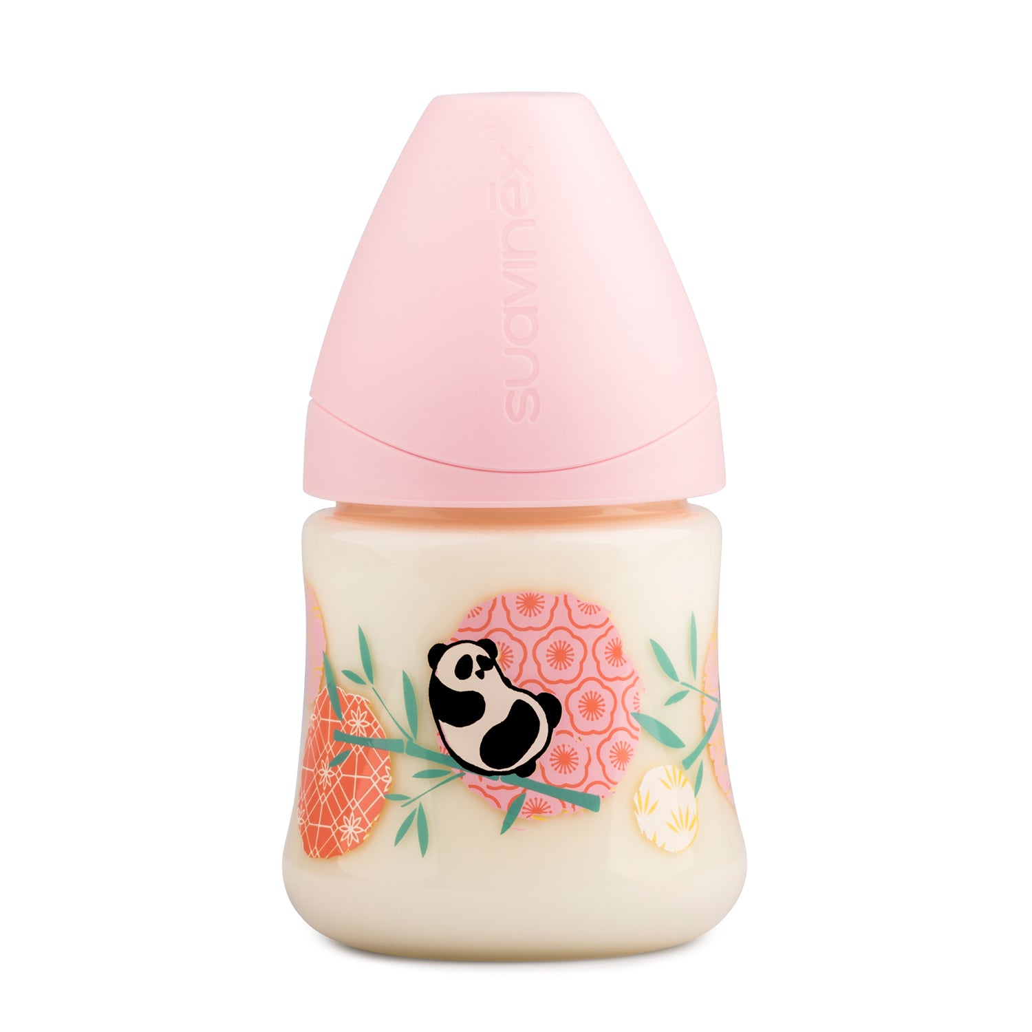 Mamadera Panda Rosa de 150ml con Tetina Anatómica de Silicona Flujo Lento 0/6 meses