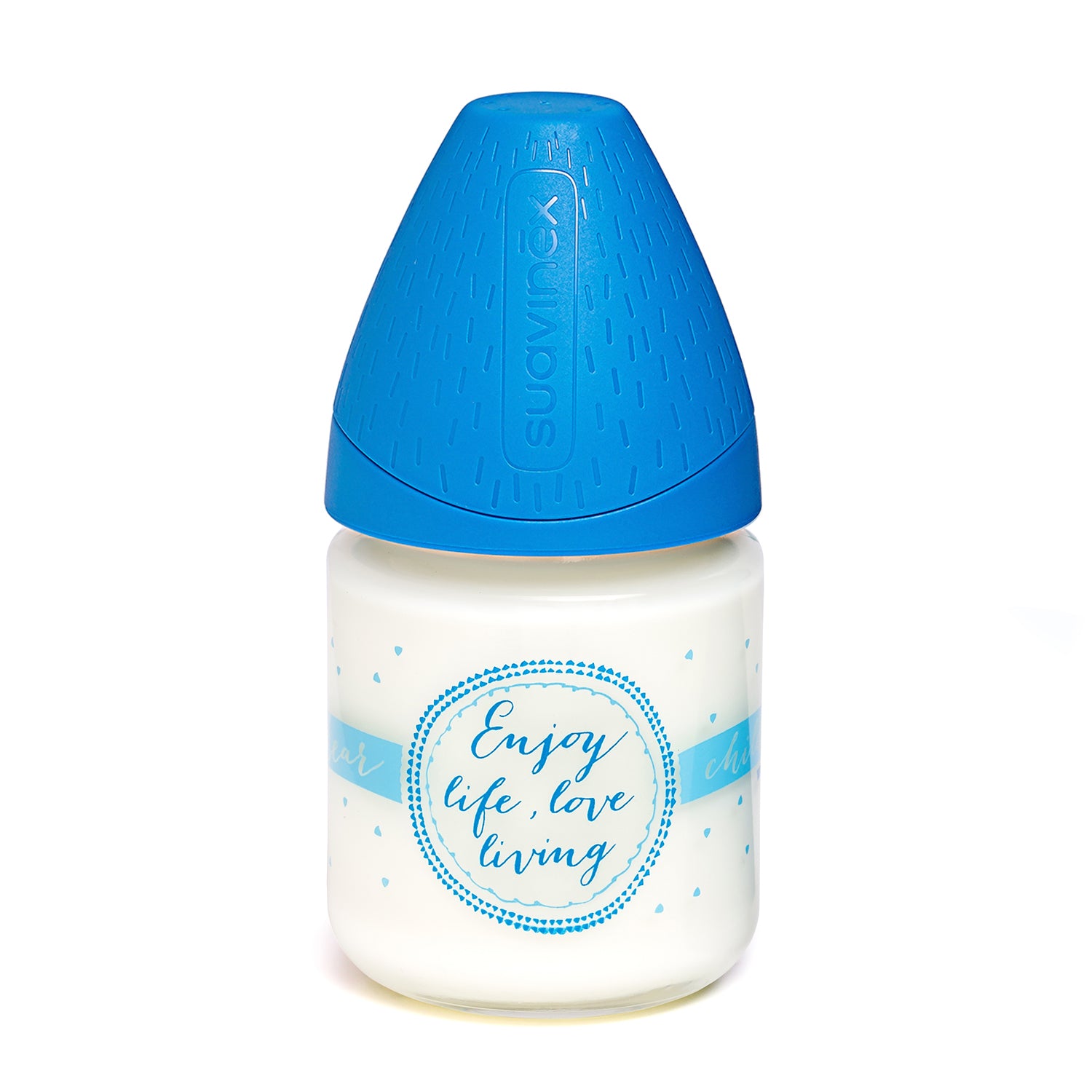 Mamadera de Vidrio Meaningful Azul de 120ml con Tetina Redonda de Silicona Flujo Variable +0 meses