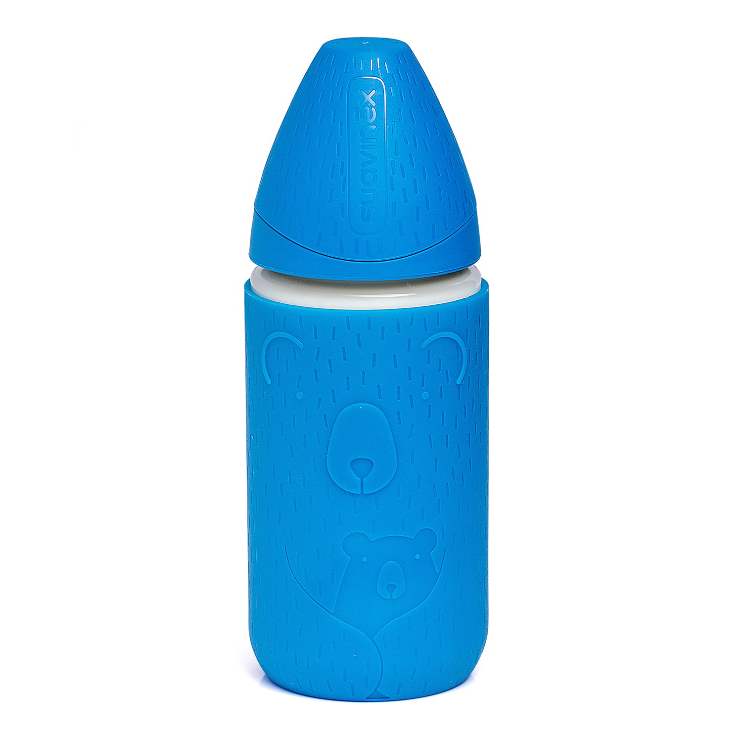 Mamadera de Vidrio + Funda de Silicona Meaningful Azul de 240ml con Tetina Redonda Flujo Variable +0meses